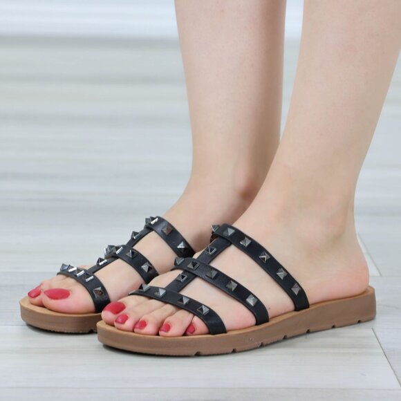 Slider Sandal Slip On Gladiator Flats Studded Black Pliable Sole - Picture 11 of 13
